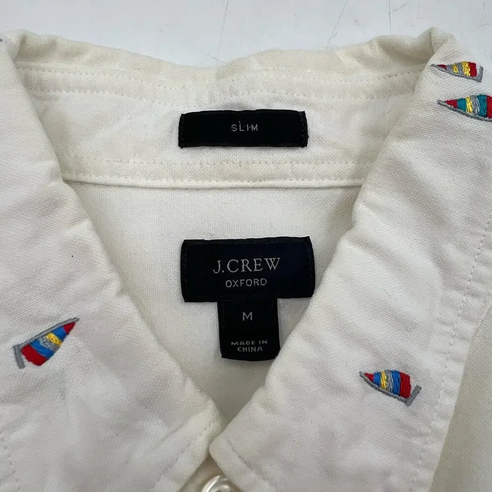 J. Crew Oxford White Embroidered Sailboat Button Down Slim Shirt Cotton